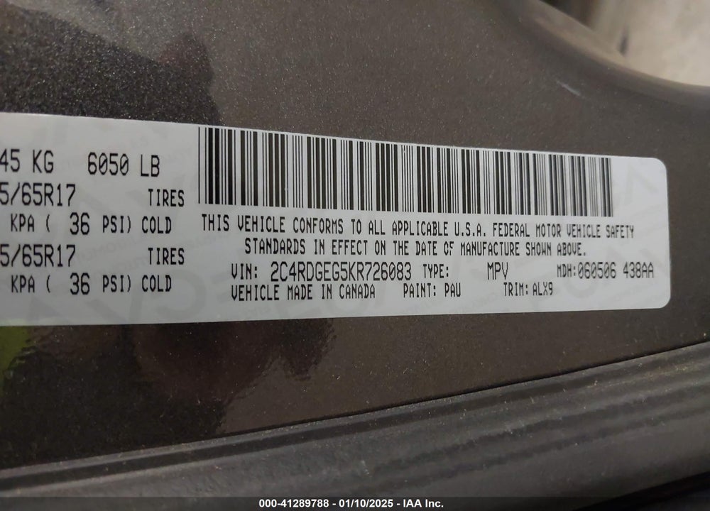 2019 DODGE GRAND CARAVAN GT VIN: 2C4RDGEG5KR726083