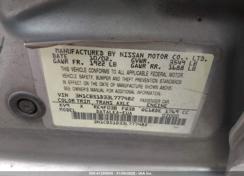 2003 NISSAN SENTRA GXE VIN: 3N1CB51D33L777482