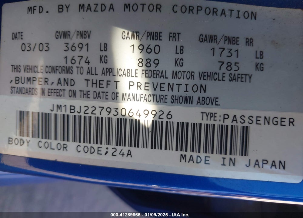 2003 MAZDA SPEED PROTEGE VIN: JM1BJ227930649926