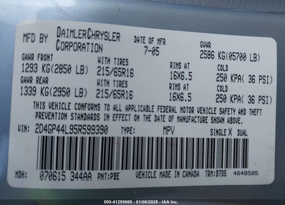 2005 DODGE GRAND CARAVAN SXT VIN: 2D4GP44L95R599390