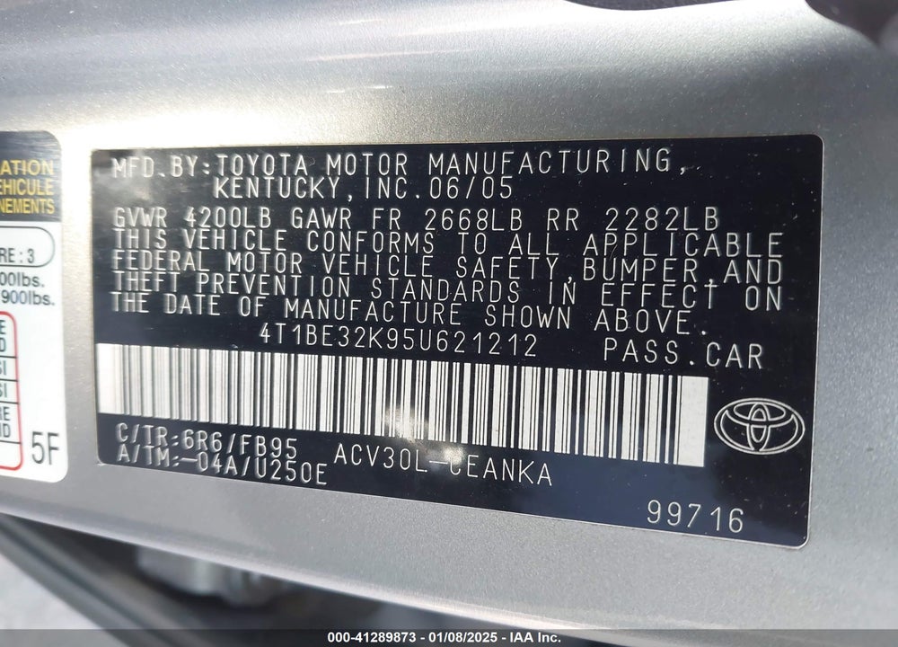 2005 TOYOTA CAMRY LE VIN: 4T1BE32K95U621212