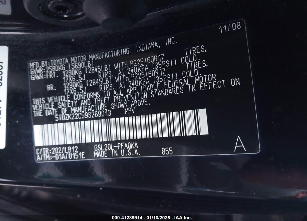 2009 TOYOTA SIENNA XLE VIN: 5TDZK22C59S269013