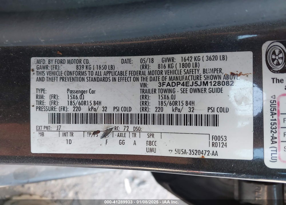 2018 FORD FIESTA SE VIN: 3FADP4EJ5JM128082