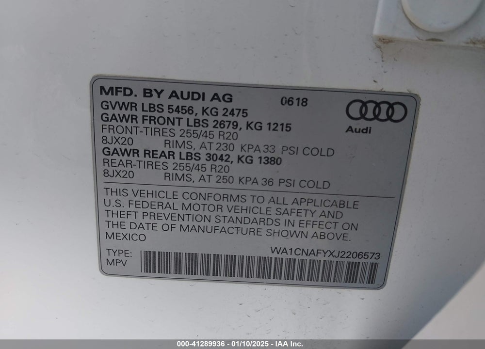 2018 AUDI Q5 2.0T PREMIUM/2.0T TECH PREMIUM VIN: WA1CNAFYXJ2206573