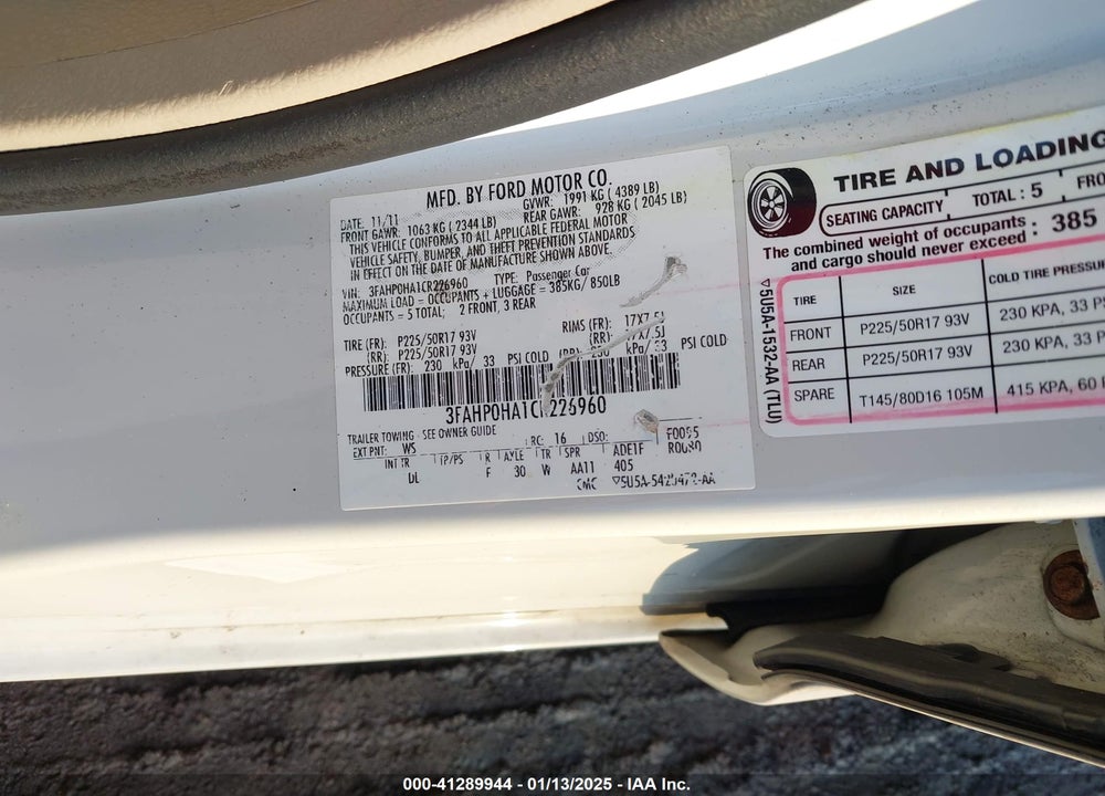 2012 FORD FUSION SE VIN: 3FAHP0HA1CR226960