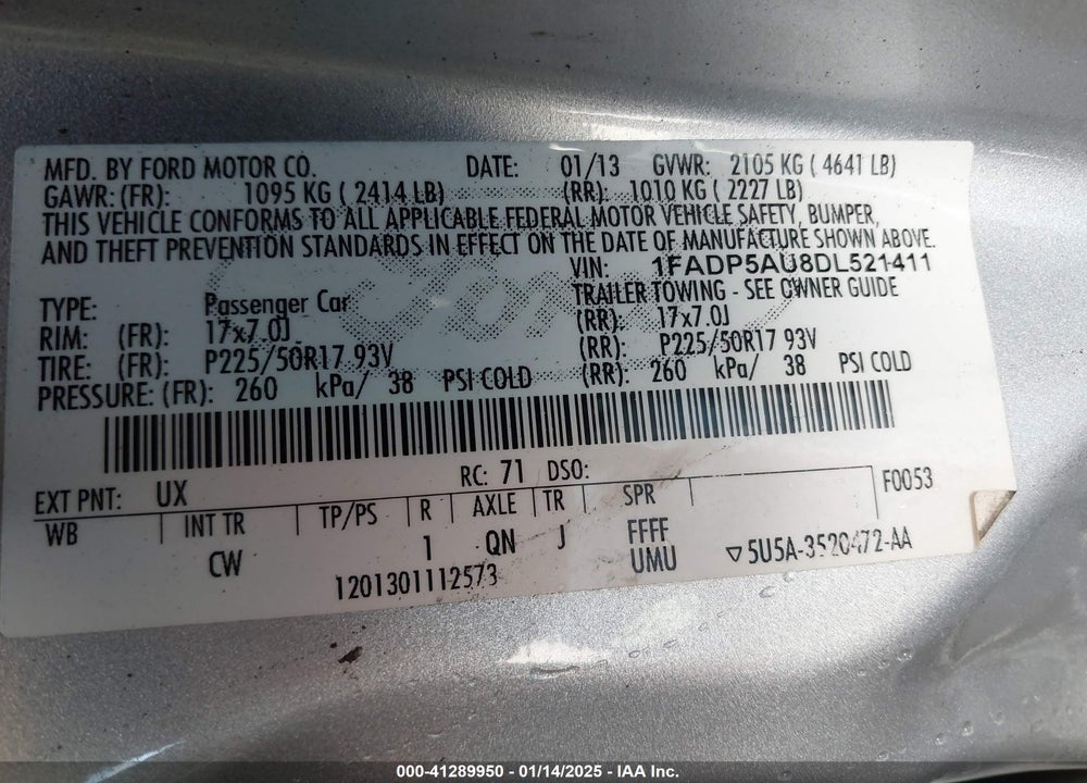 2013 FORD C-MAX HYBRID VIN: 1FADP5AU8DL521411