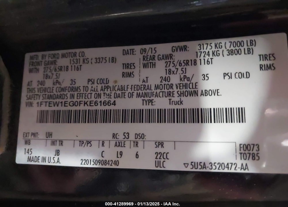 2015 FORD F-150 XLT VIN: 1FTEW1EG0FKE61664