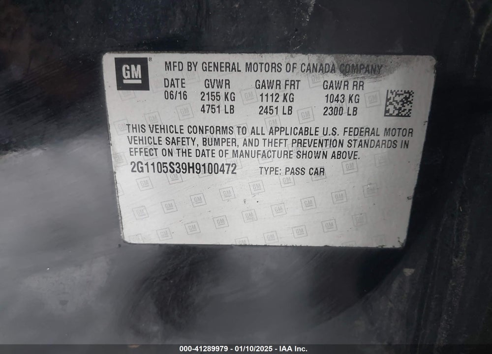 2017 CHEVROLET IMPALA VIN: 2G1105S39H9100472