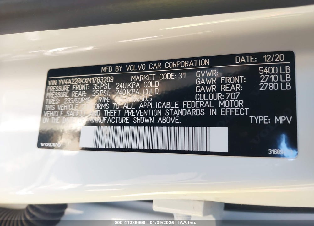 2021 VOLVO XC60 T6 MOMENTUM VIN: YV4A22RKXM1783209