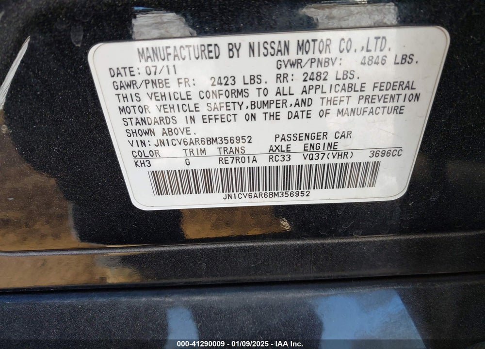 2011 INFINITI G37X VIN: JN1CV6AR6BM356952