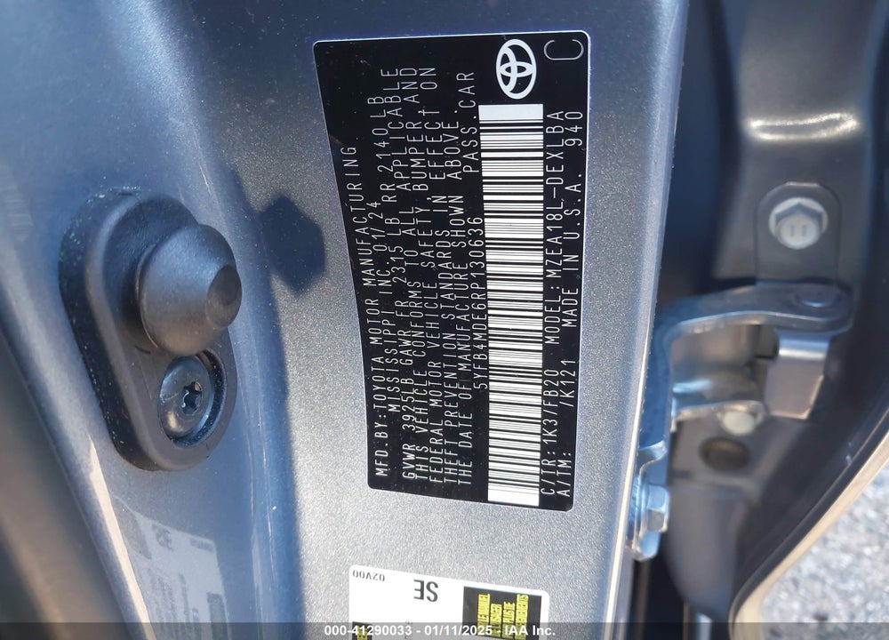 2024 TOYOTA COROLLA LE VIN: 5YFB4MDE6RP130636