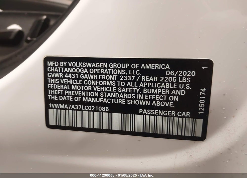 2020 VOLKSWAGEN PASSAT VIN: 1VWMA7A37LC021086
