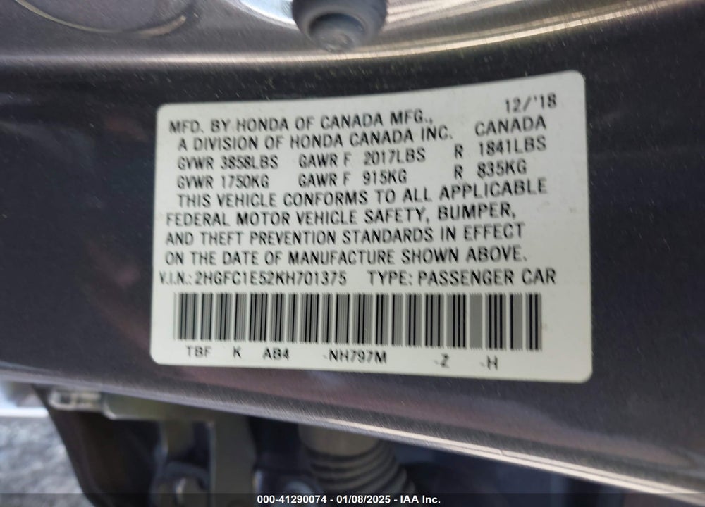 2019 HONDA CIVIC VIN: 2HGFC1E52KH701375
