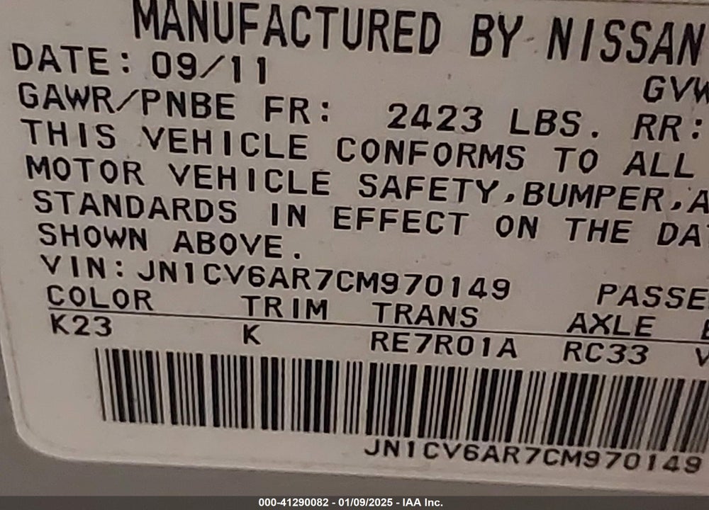 2012 INFINITI G37X VIN: JN1CV6AR7CM970149