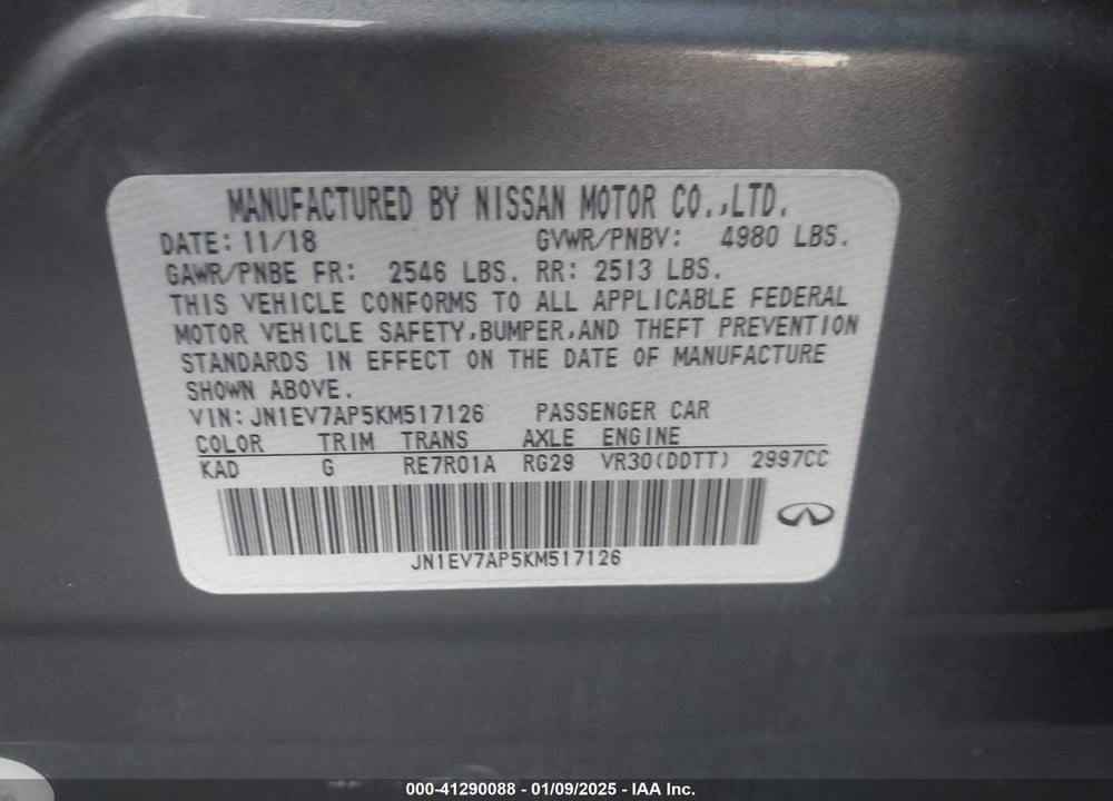 2019 INFINITI Q50 3.0T LUXE VIN: JN1EV7AP5KM517126