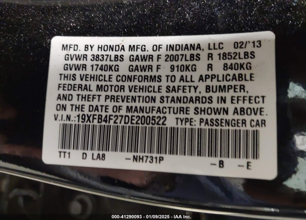 2013 HONDA CIVIC HYBRID VIN: 19XFB4F27DE200522