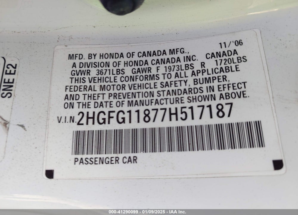 2007 HONDA CIVIC EX VIN: 2HGFG11877H517187