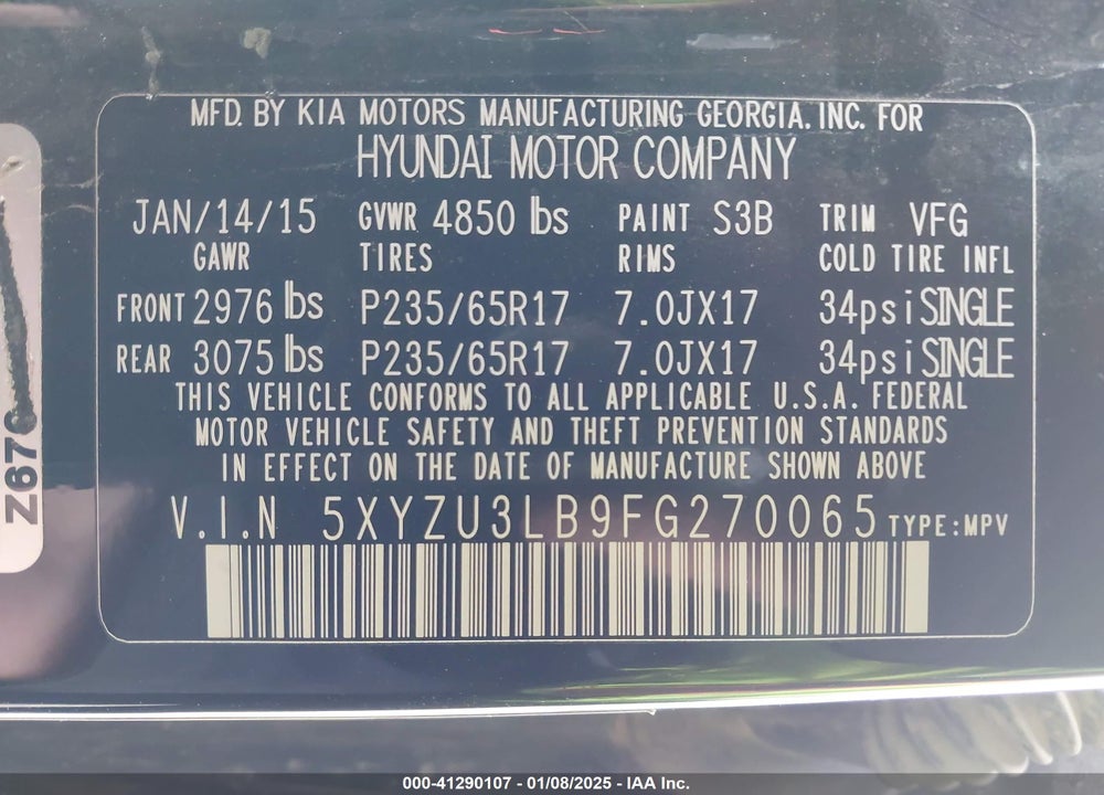 2015 HYUNDAI SANTA FE SPORT 2.4L VIN: 5XYZU3LB9FG270065