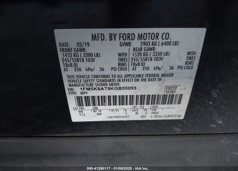 2019 FORD POLICE INTERCEPTOR VIN: 1FM5K8AT8KGB55053