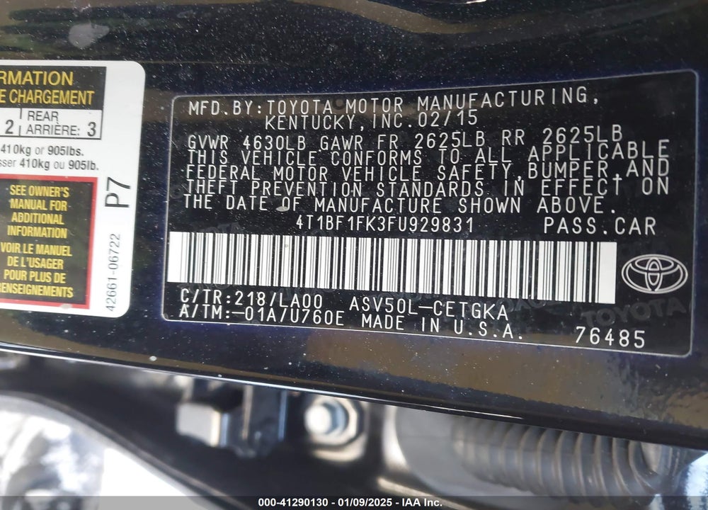 2015 TOYOTA CAMRY VIN: 4T1BF1FK3FU929831