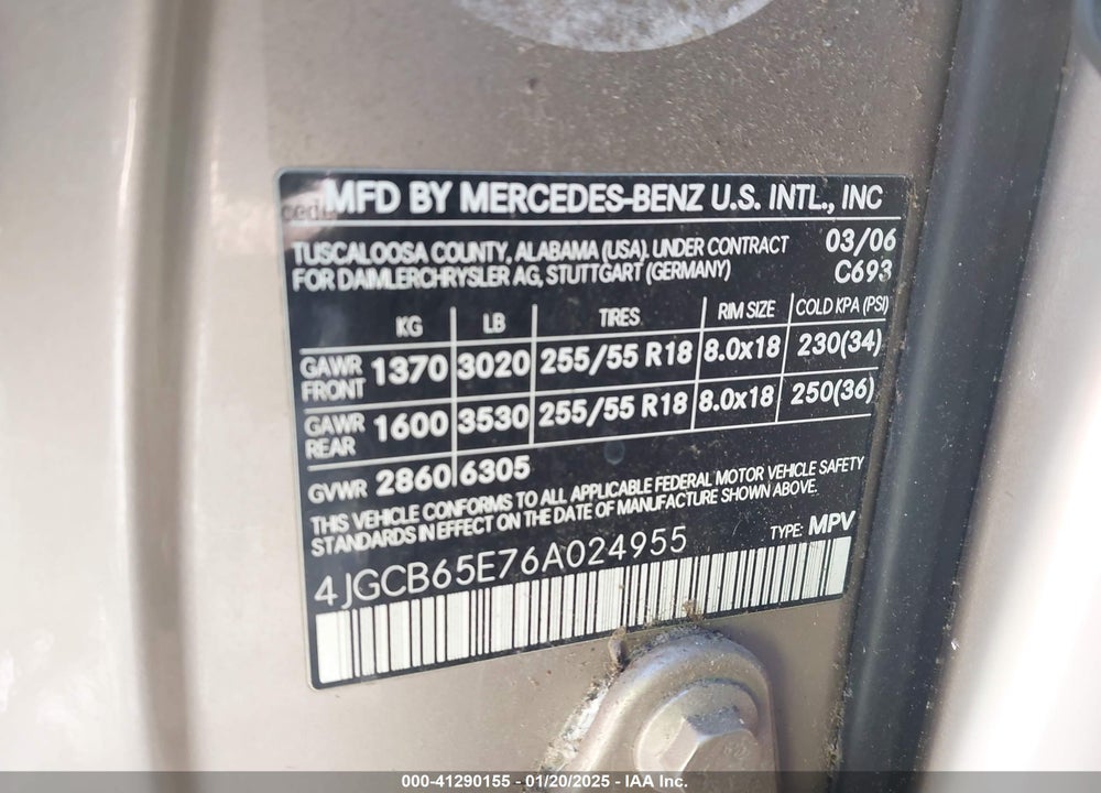 2006 MERCEDES-BENZ R 350 4MATIC VIN: 4JGCB65E76A024955
