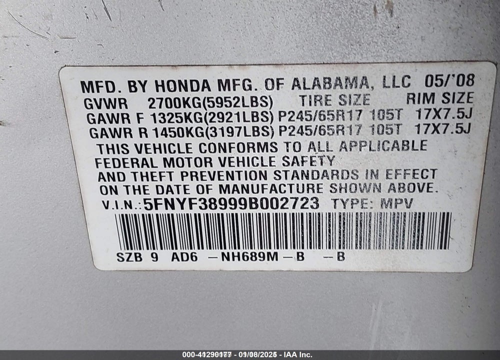 2009 HONDA PILOT TOURING VIN: 5FNYF38999B002723