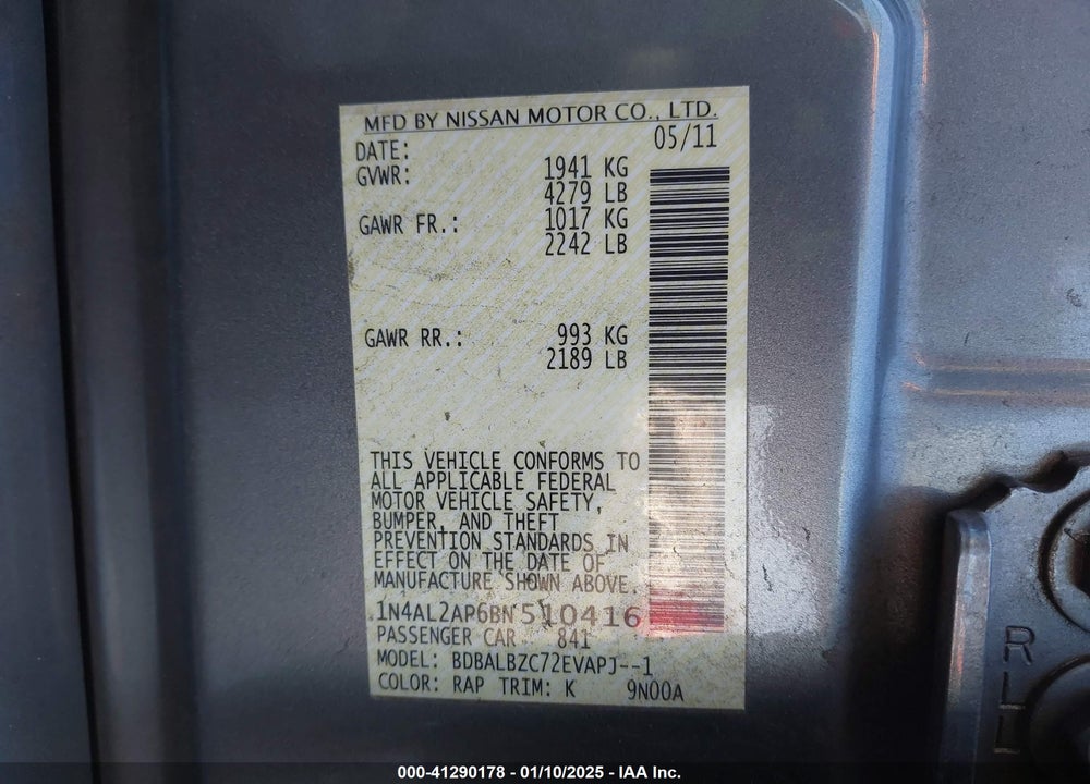 2011 NISSAN ALTIMA 2.5 S VIN: 1N4AL2AP6BN510416