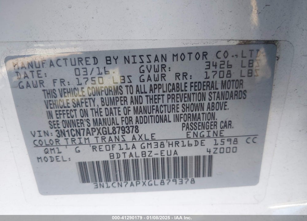 2016 NISSAN VERSA VIN: 3N1CN7APXGL879378