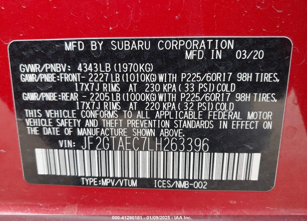 2020 SUBARU CROSSTREK PREMIUM VIN: JF2GTAEC7LH263396