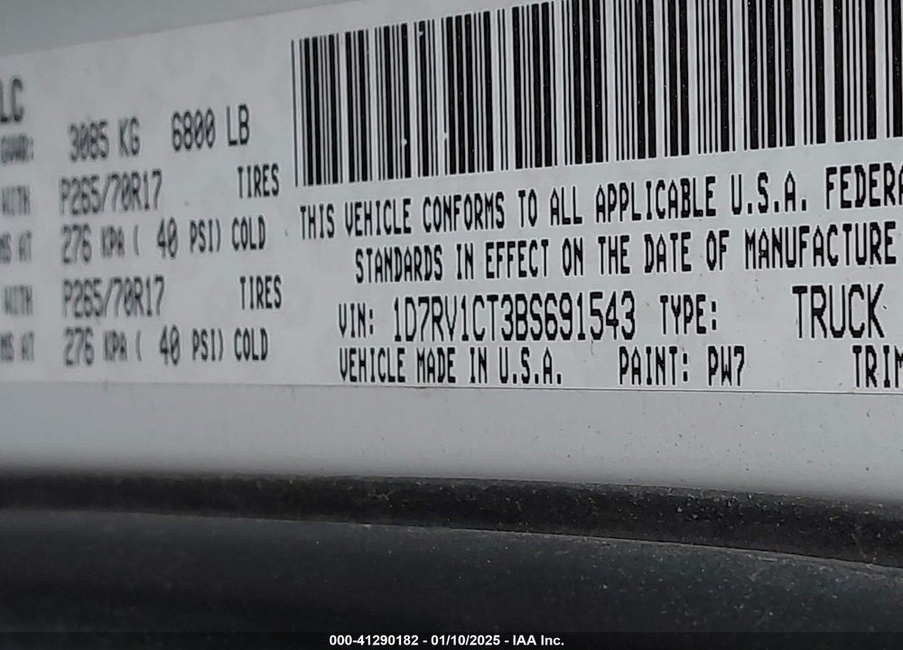 2011 RAM 1500 ST VIN: 1D7RV1CT3BS691543