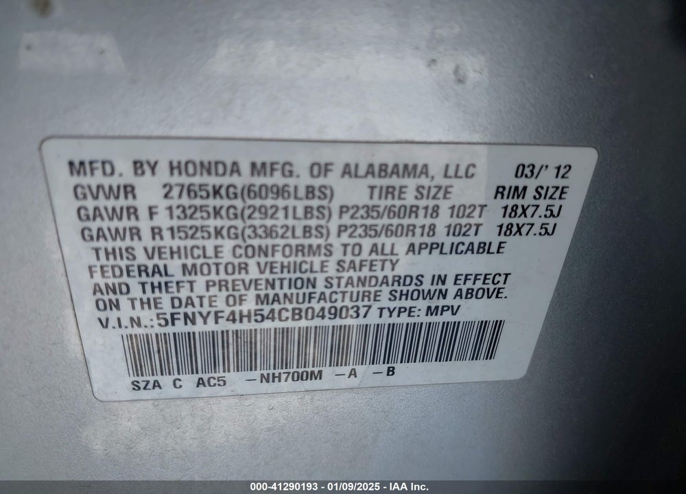 2012 HONDA PILOT EX-L VIN: 5FNYF4H54CB049037