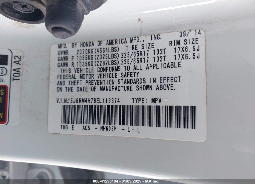 2014 HONDA CR-V EX-L VIN: 5J6RM4H76EL113374
