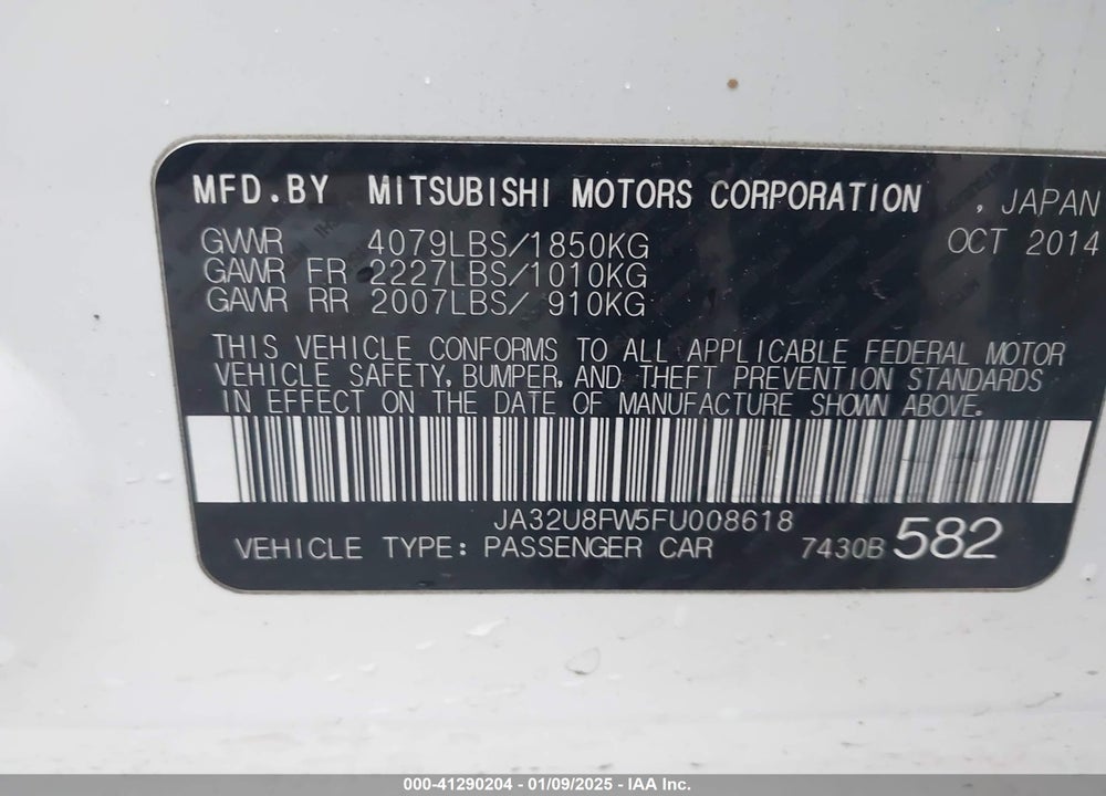2015 MITSUBISHI LANCER GT VIN: JA32U8FW5FU008618