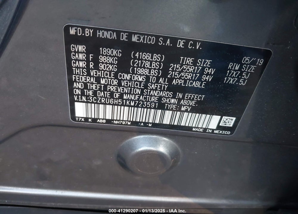 2019 HONDA HR-V EX VIN: 3CZRU6H51KM723591
