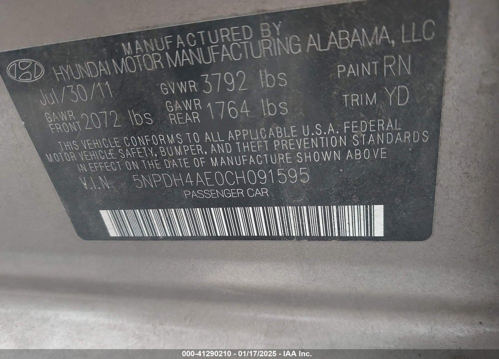 2012 HYUNDAI ELANTRA VIN: 5NPDH4AE0CH091595