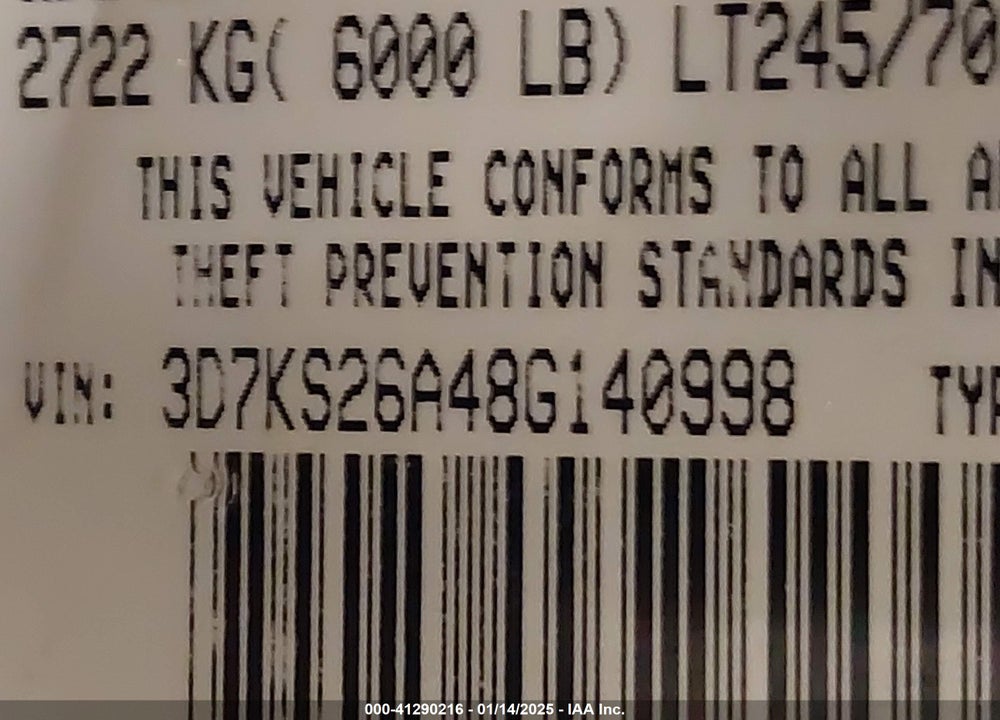 2008 DODGE RAM 2500 VIN: 3D7KS26A48G140998