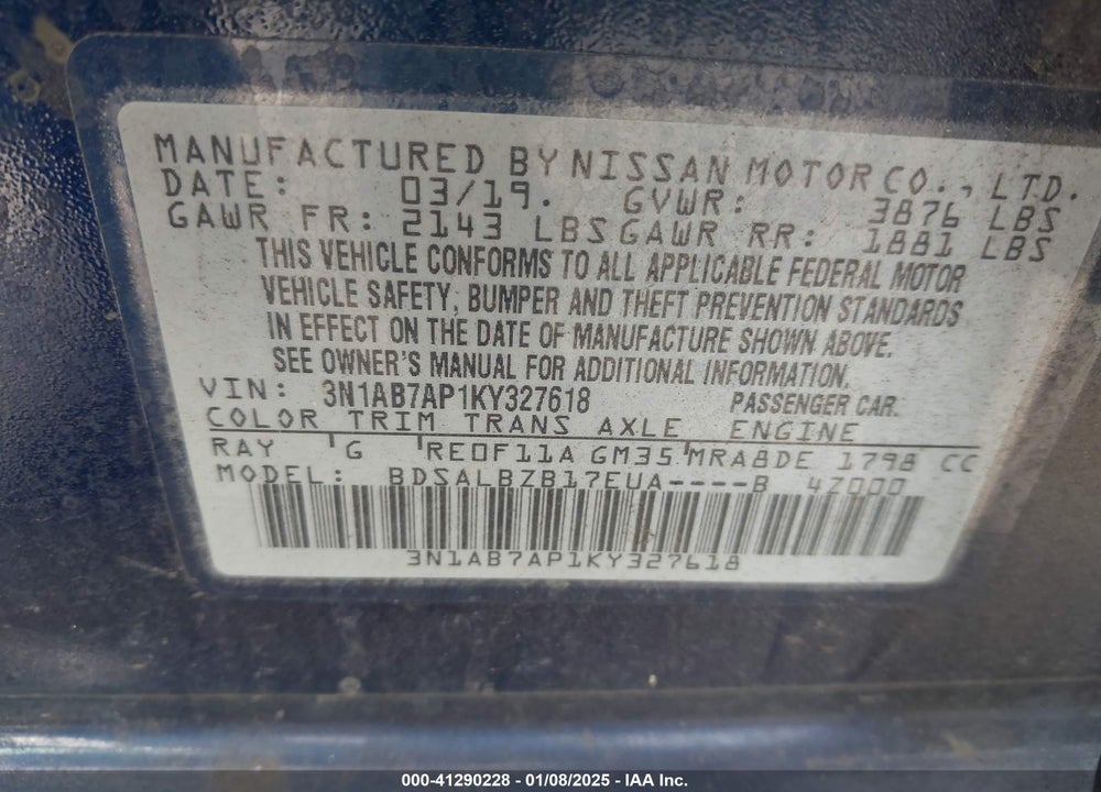 2019 NISSAN SENTRA VIN: 3N1AB7AP1KY327618