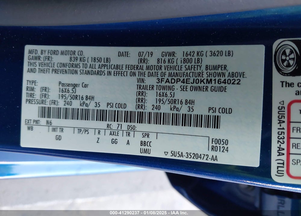 2019 FORD FIESTA SE VIN: 3FADP4EJ0KM164022