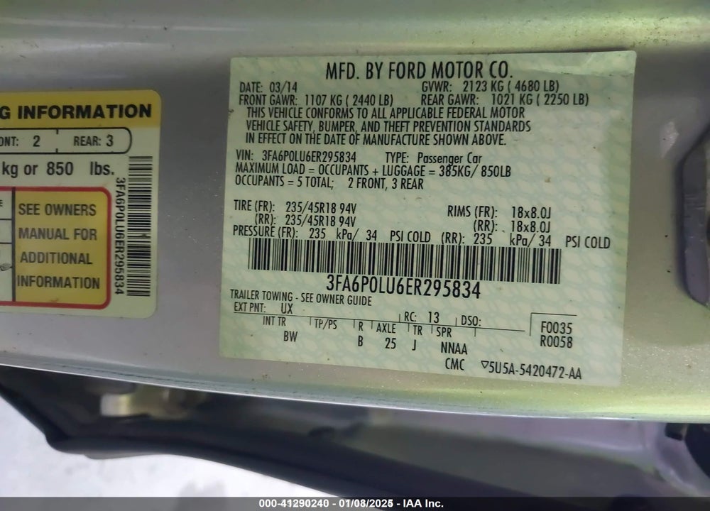 2014 FORD FUSION HYBRID VIN: 3FA6P0LU6ER295834