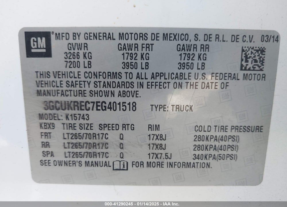 2014 CHEVROLET SILVERADO 1500 1LT VIN: 3GCUKREC7EG401518