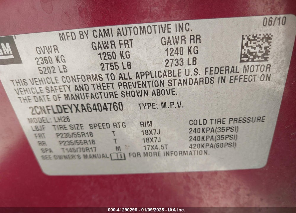 2010 CHEVROLET EQUINOX LT VIN: 2CNFLDEYXA6404760