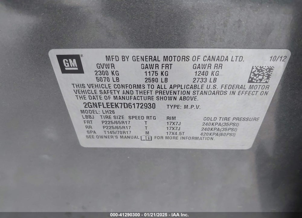 2013 CHEVROLET EQUINOX 1LT VIN: 2GNFLEEK7D6172930