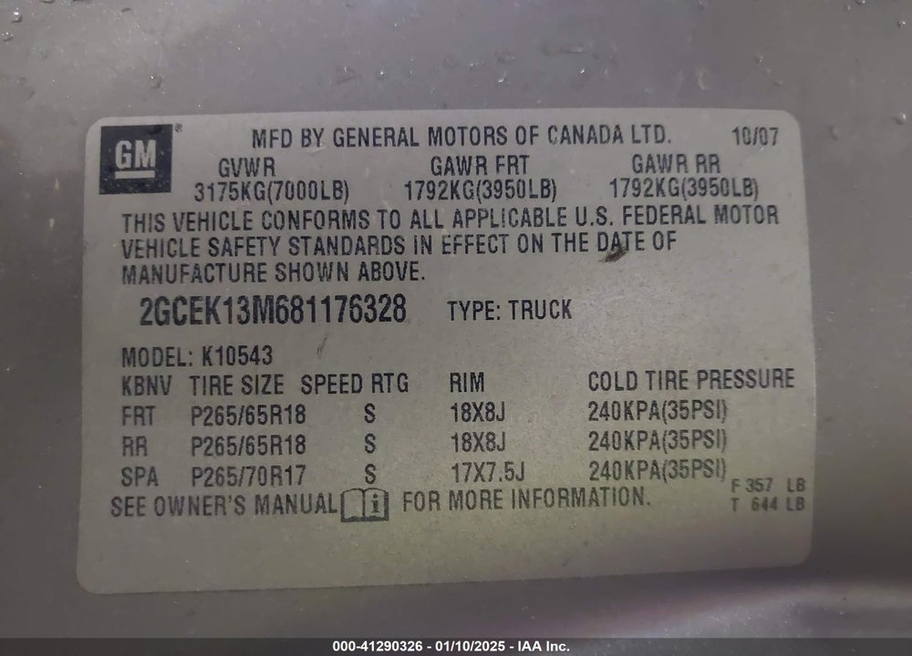 2008 CHEVROLET SILVERADO VIN: 2GCEK13M681176328