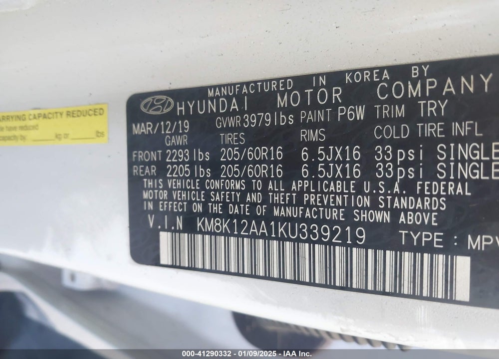 2019 HYUNDAI KONA SE VIN: KM8K12AA1KU339219