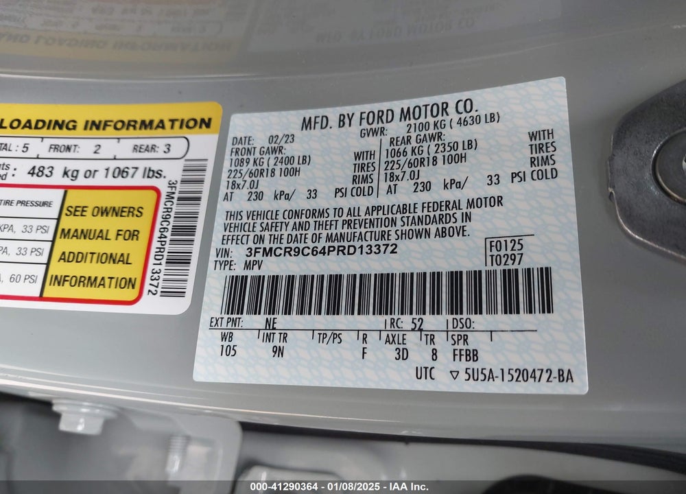 2023 FORD BRONCO SPORT OUTER BANKS VIN: 3FMCR9C64PRD13372