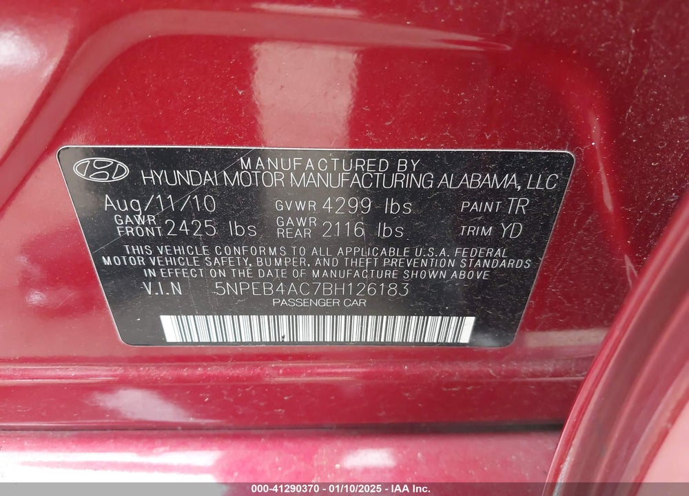 2011 HYUNDAI SONATA GLS VIN: 5NPEB4AC7BH126183