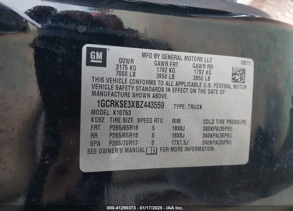 2011 CHEVROLET SILVERADO 1500 LT VIN: 1GCRKSE3XBZ443559