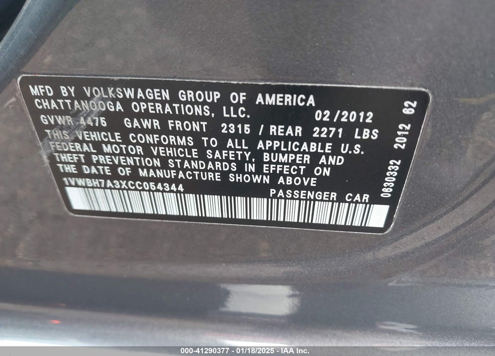 2012 VOLKSWAGEN PASSAT VIN: 1VWBH7A3XCC054344