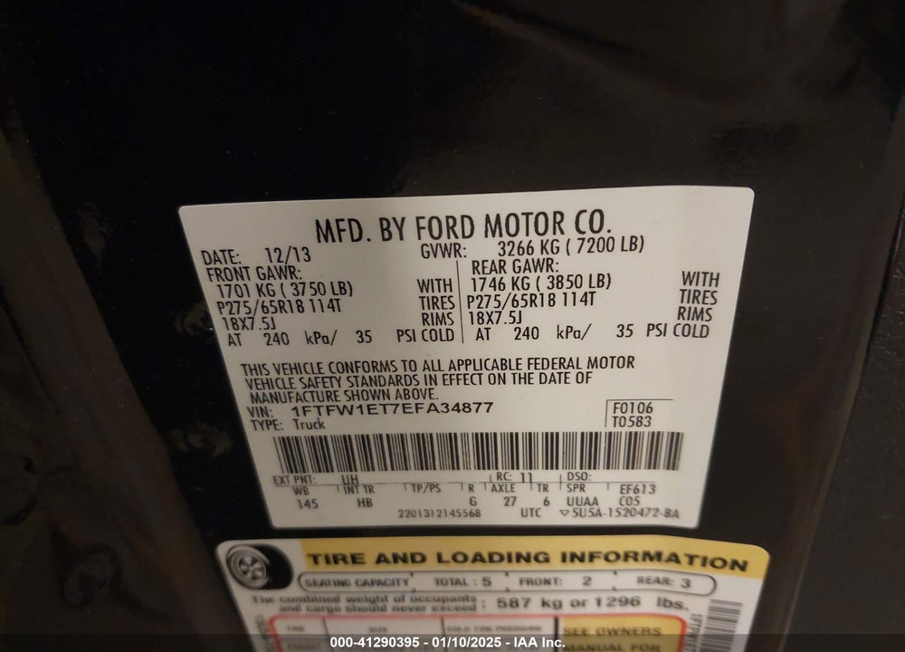 2014 FORD F-150 LARIAT VIN: 1FTFW1ET7EFA34877