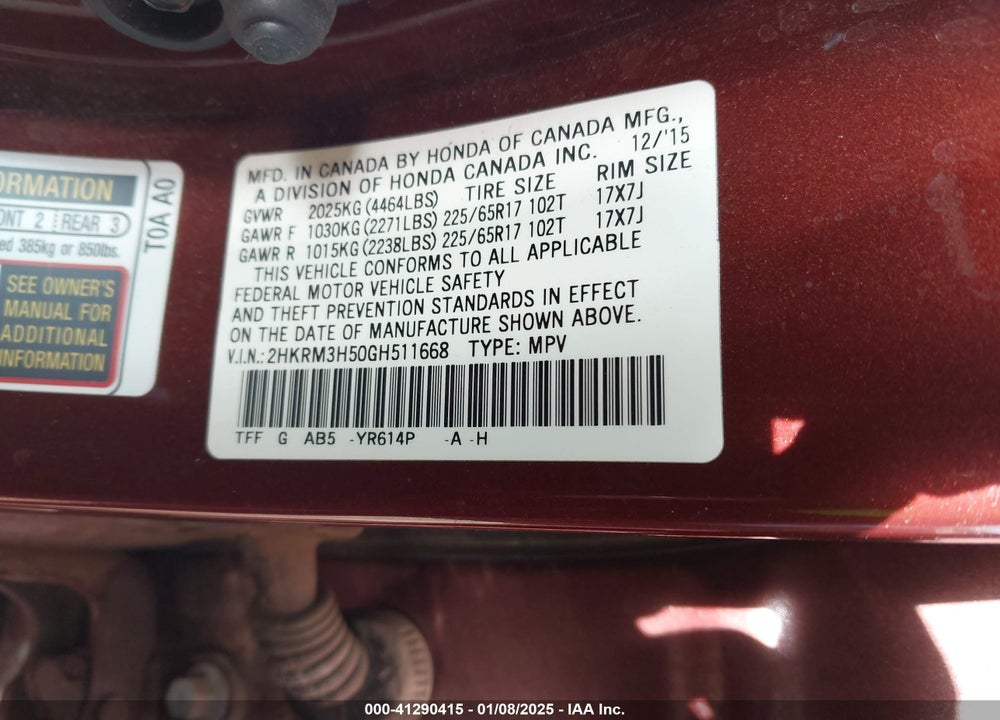 2016 HONDA CR-V EX VIN: 2HKRM3H50GH511668